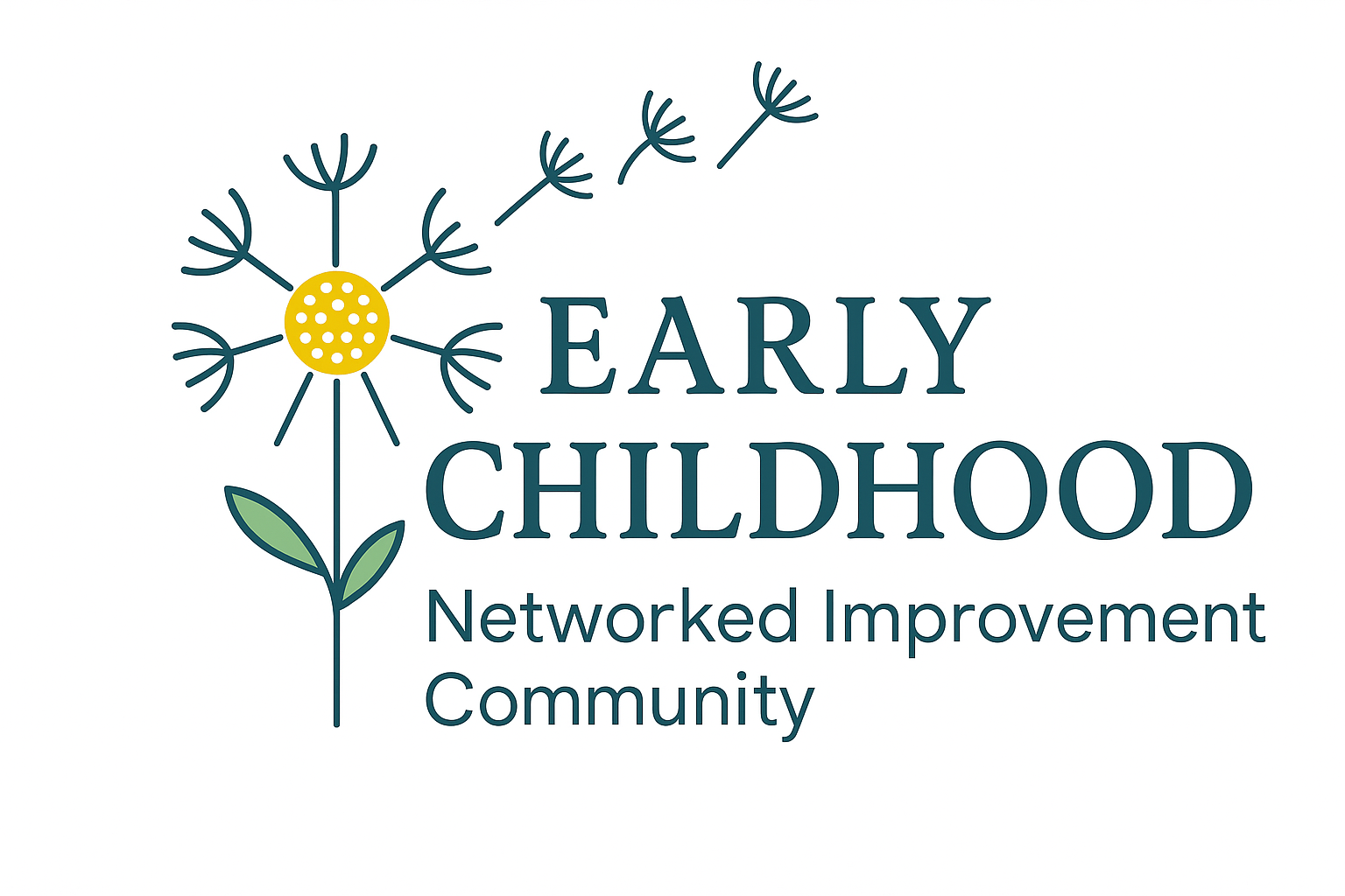 Early Childhood Networked Improvement Community logo featuring a dandelion releasing seeds, representing collective learning, connection, growth, and the spread of ideas across early childhood systems.